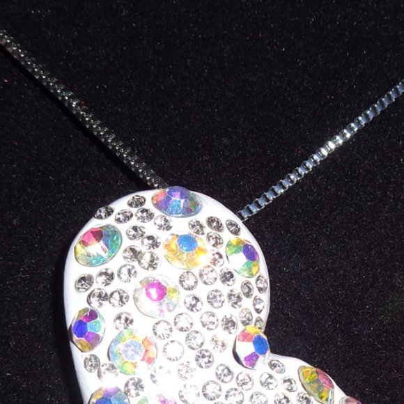 AB Crystals on White Enamel Heart Necklace or Pin - Picture 3 of 3